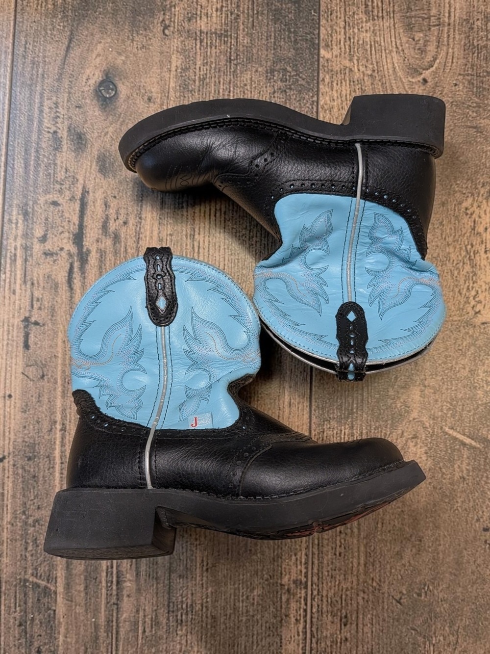 Women's Black Leather Western Ankle Boots Light Blue Shaft